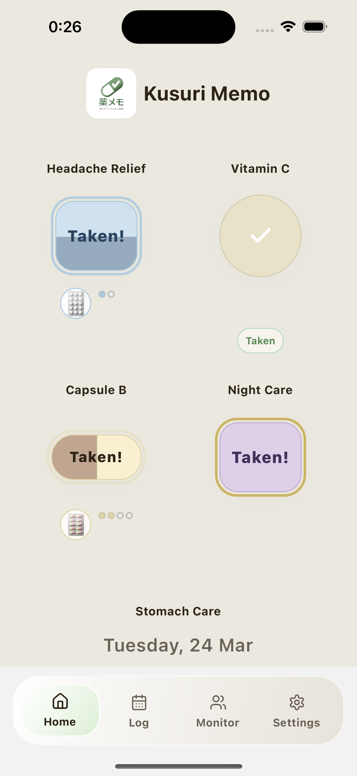 Home screen Taken button logging example