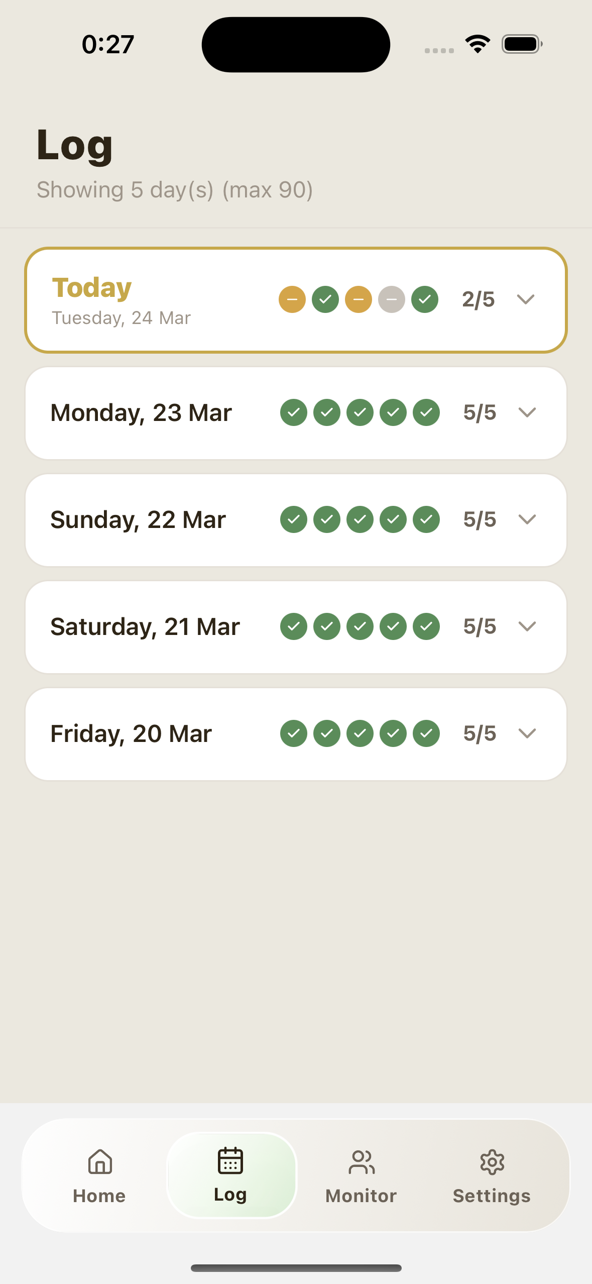 Log tab in collapsed list state