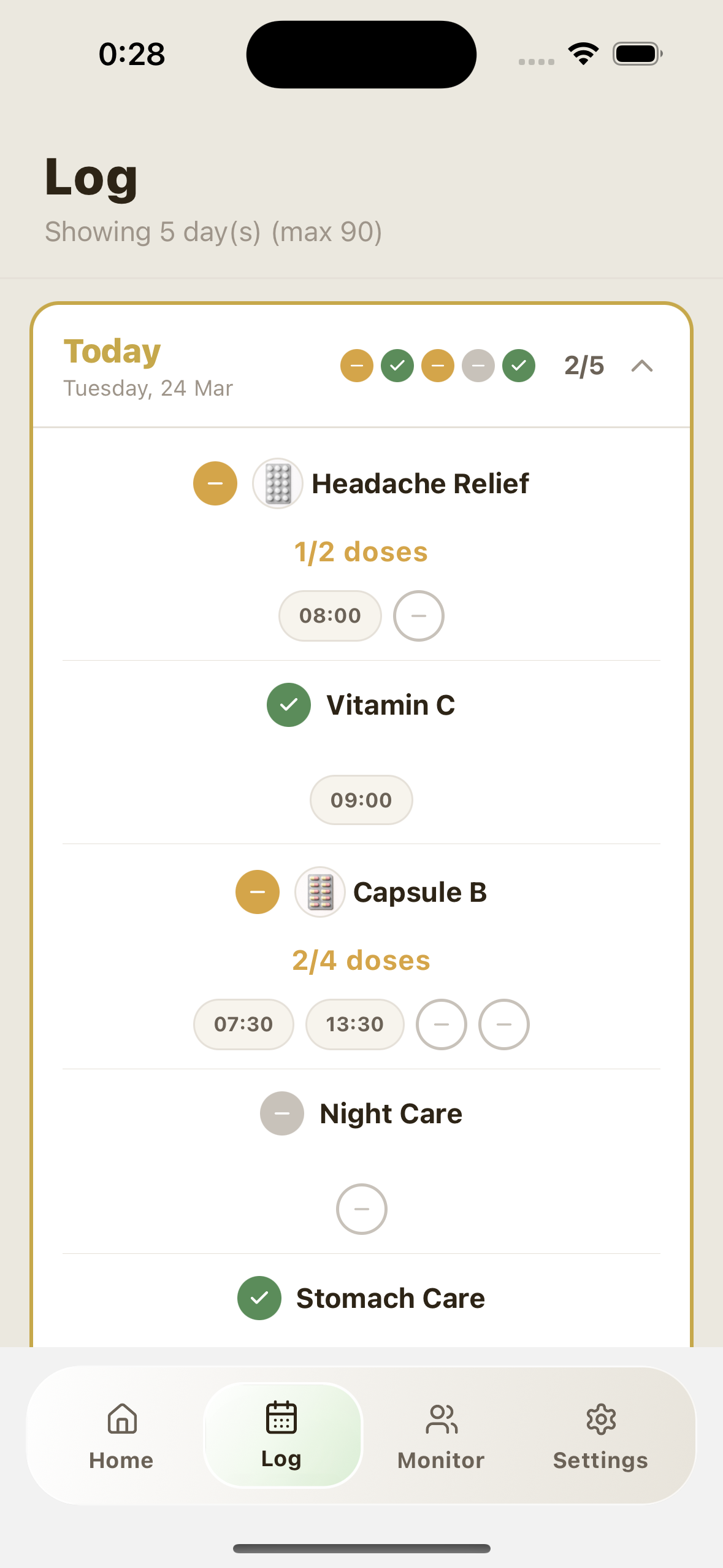 Log tab with expanded medication history