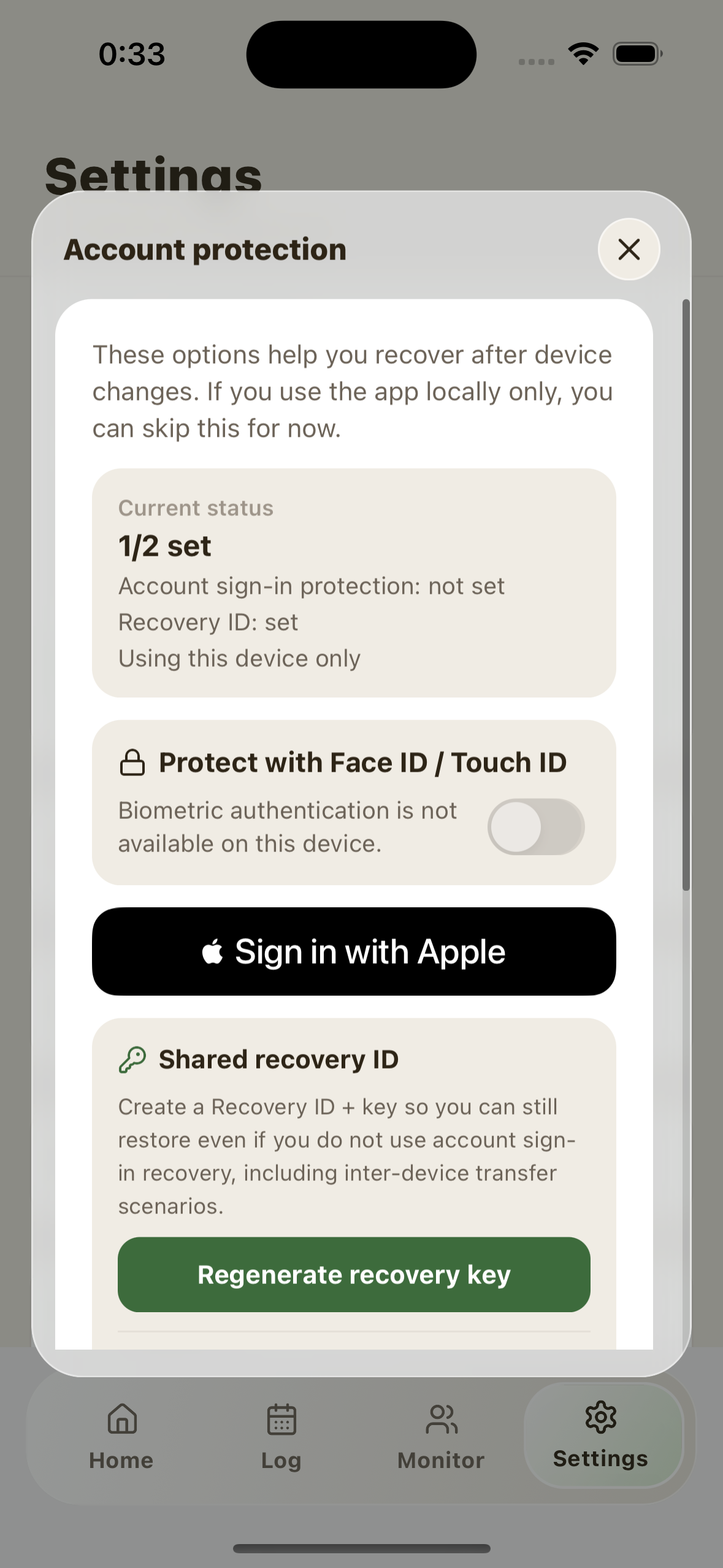 Settings account-protection setup screen