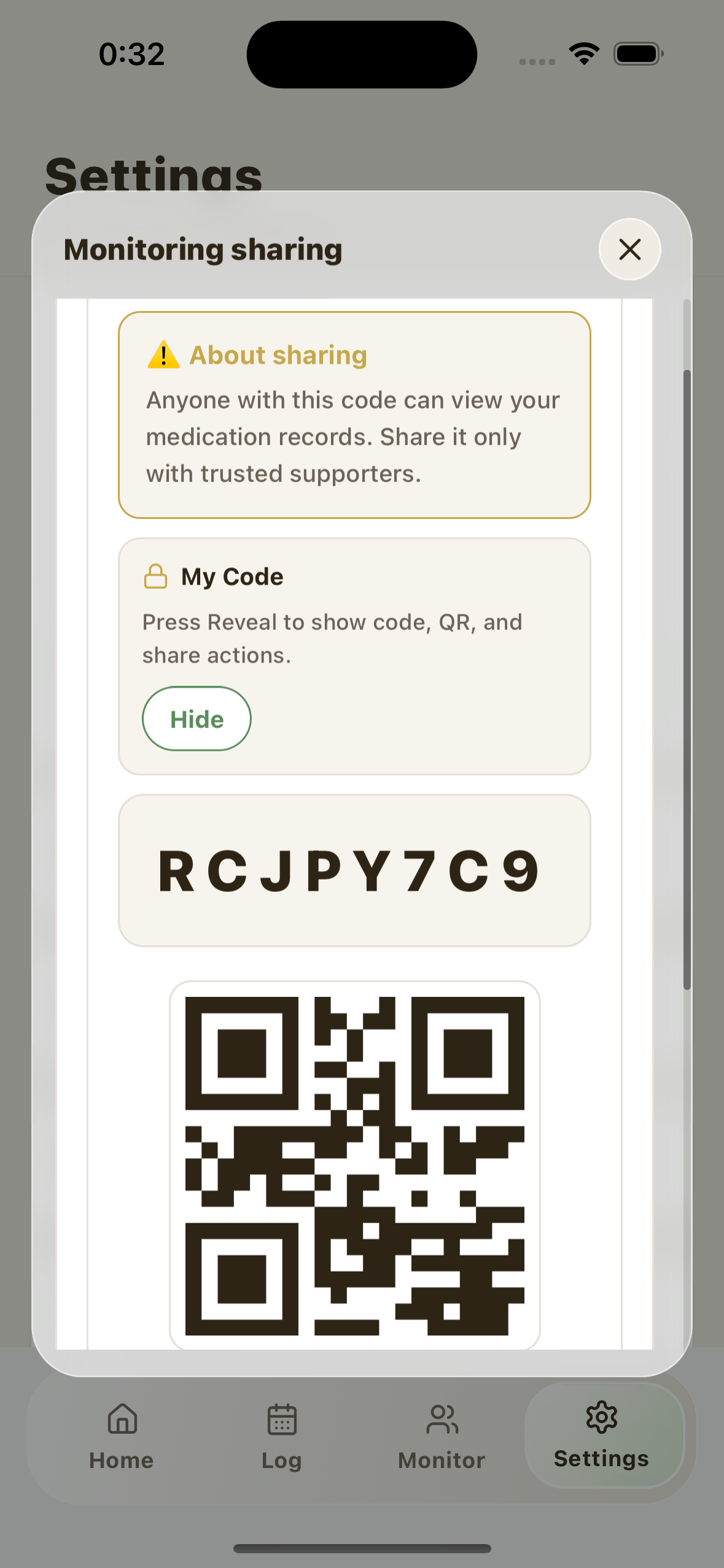 Settings monitor-sharing section with share code controls
