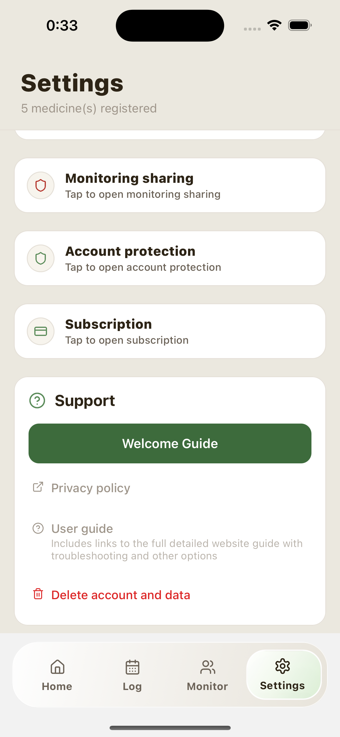 Settings support section screen