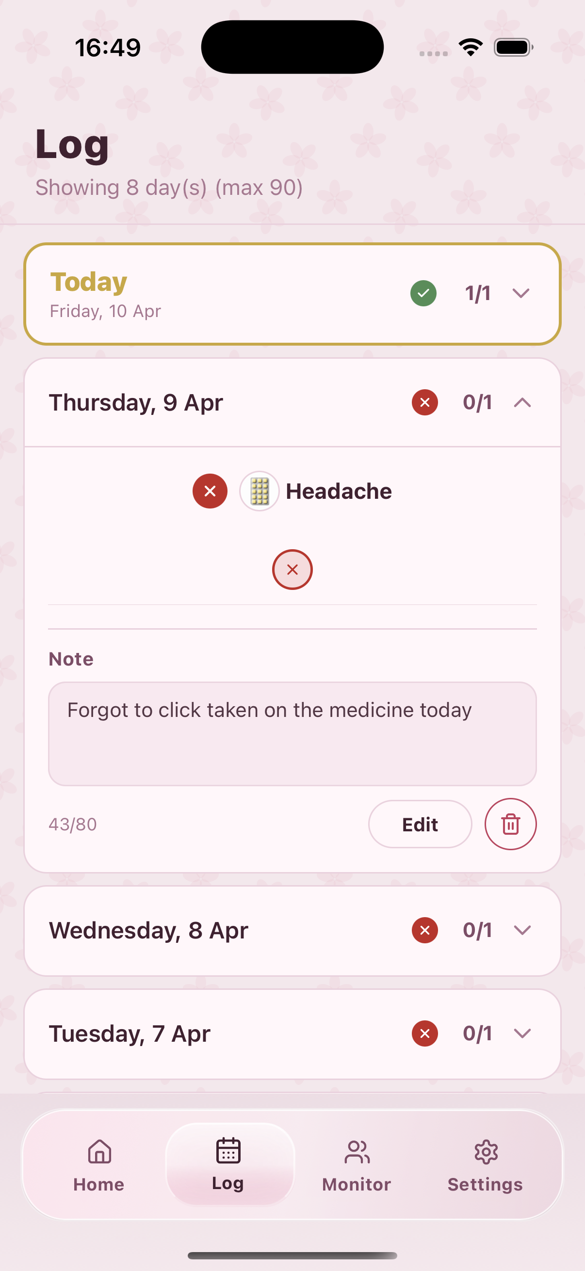 Log tab missed-day note example