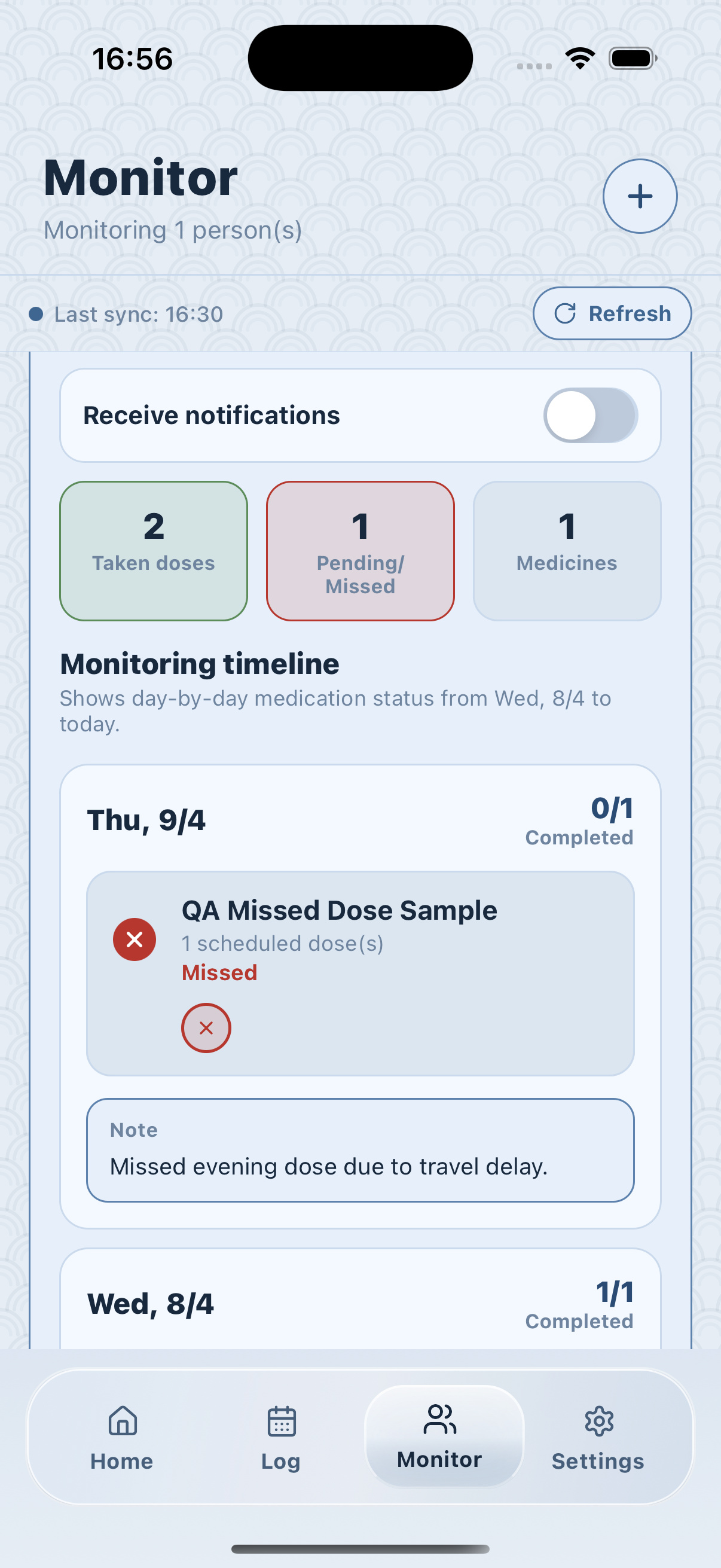 Kusuri Memo monitor view with alerts