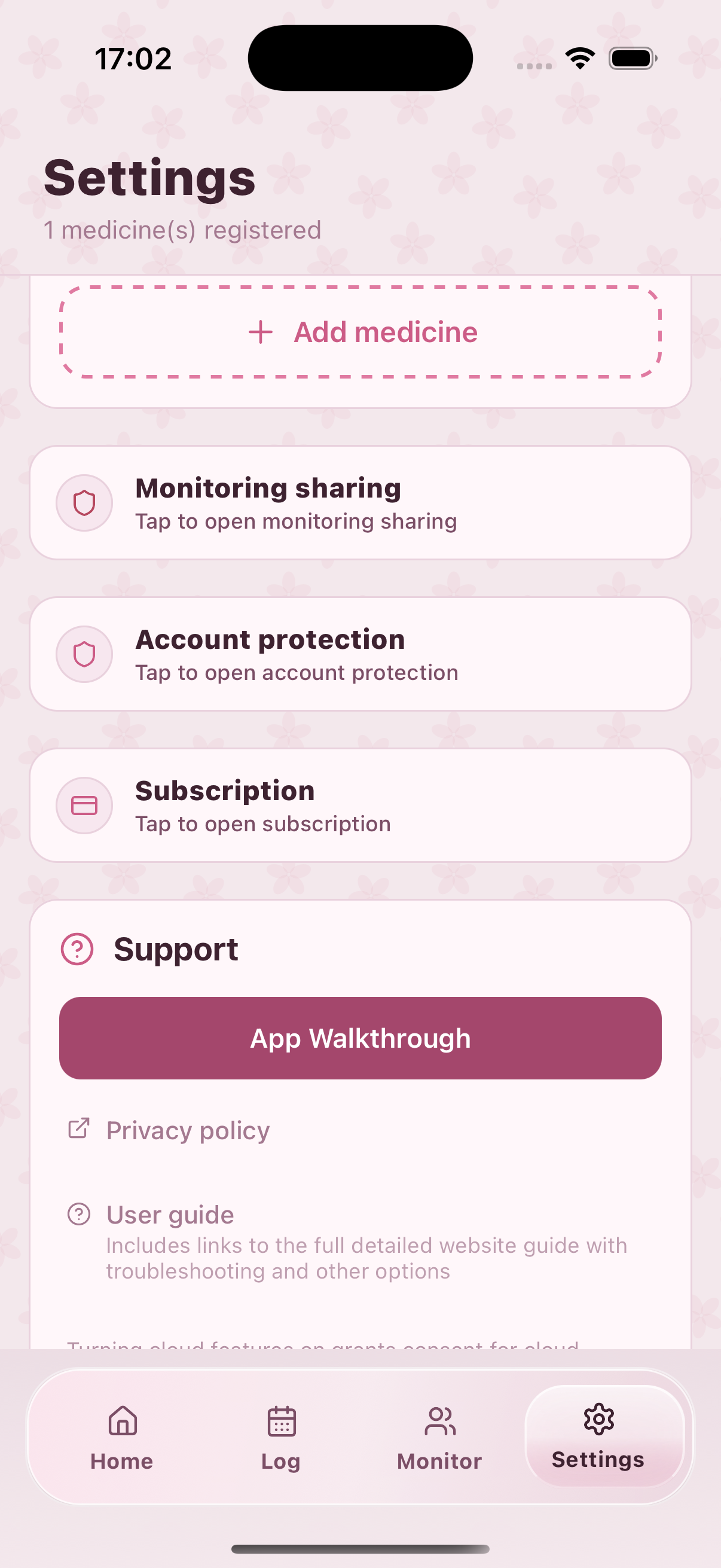 Kusuri Memo settings screen
